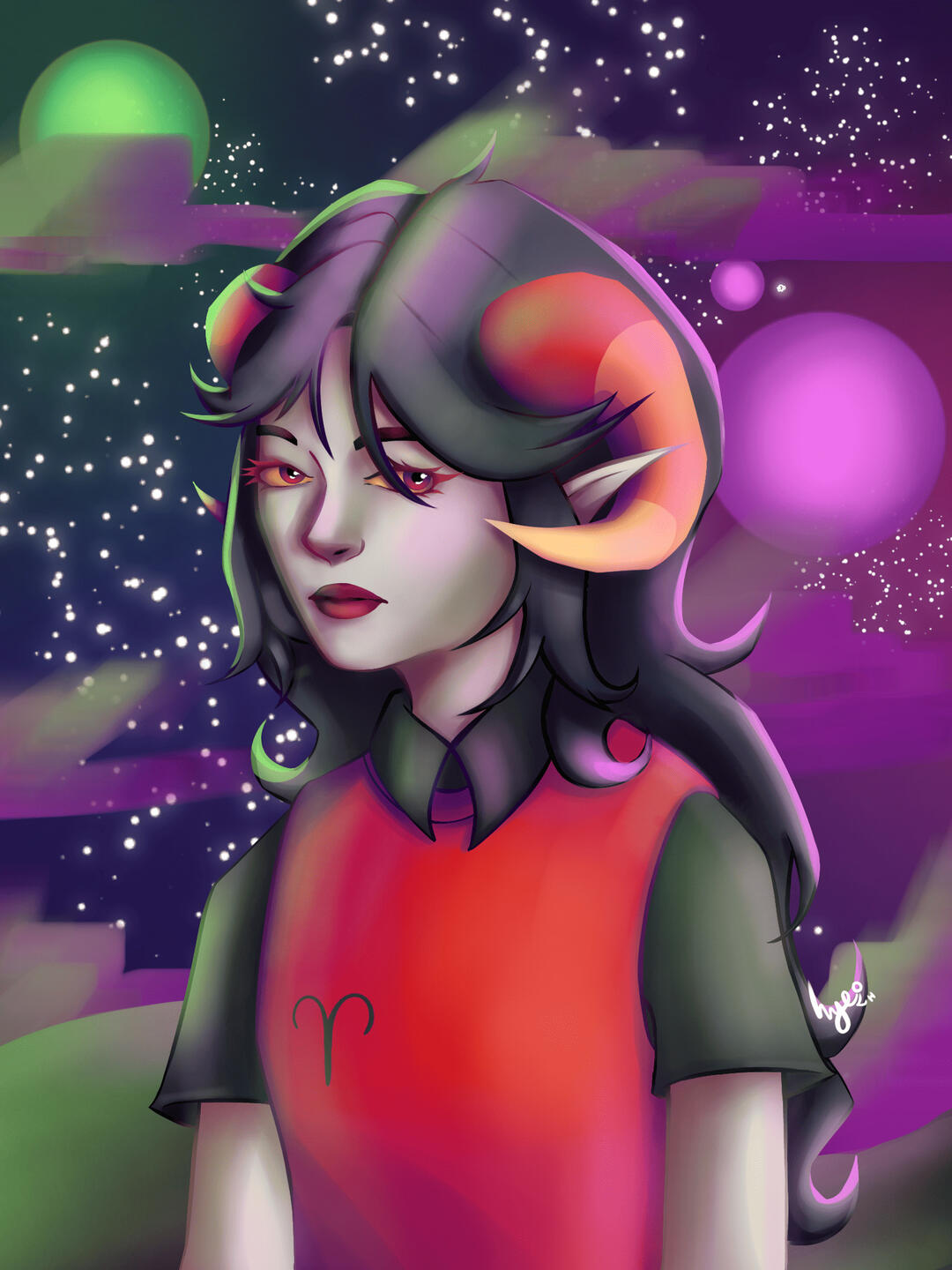 A digital drawing of an alive Aradia Megido standing in the middle of an Alternian night (from Homestuck), as illustrated by Hye. This is one of my favorite drawings.