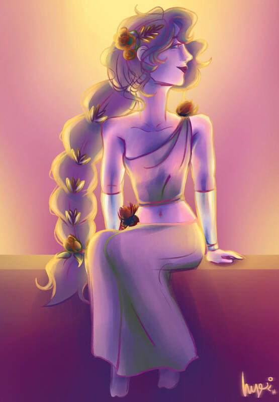 A digital drawing of Circe sitting on a platform (from EPIC: The Musical), as illustrated by Hye.