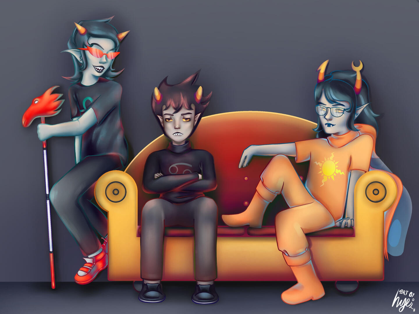 GC, CG, AG A digital drawing of Terezi Pyrope, Karkat Vantas, and Vriska Serket sitting on the couch (from Homestuck), as illustrated by Hye.