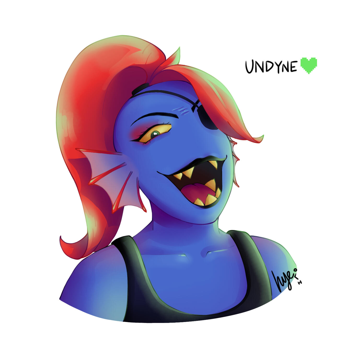 A digital drawing of Undyne (from Undertale), as illustrated by Hye.